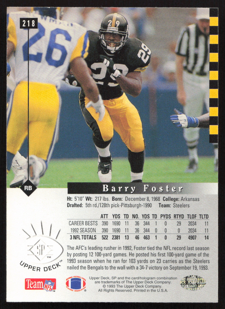 Barry Foster Autographed 1993 Upper Deck SP Card #218 Pittsburgh Steelers SKU #260654