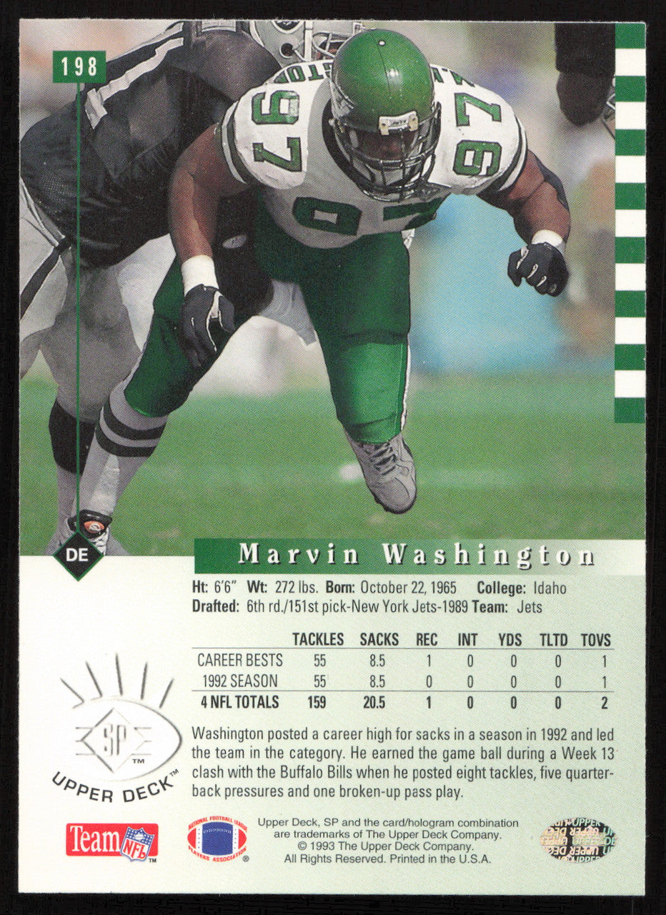 Marvin Washington Autographed 1993 Upper Deck SP Card #198 New York Jets SKU #260659