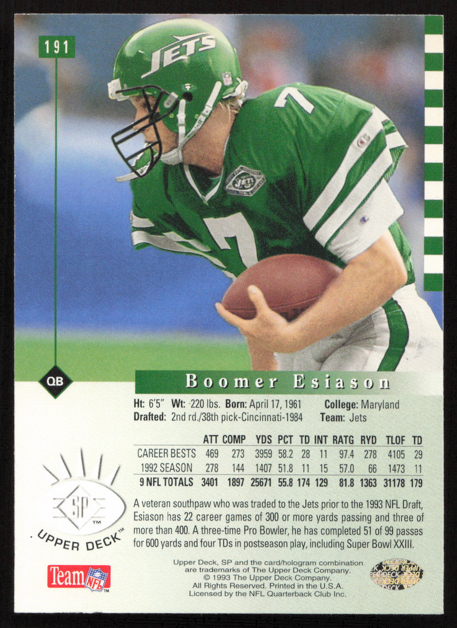 Boomer Esiason Autographed 1993 Upper Deck SP Card #191 New York Jets SKU #260662