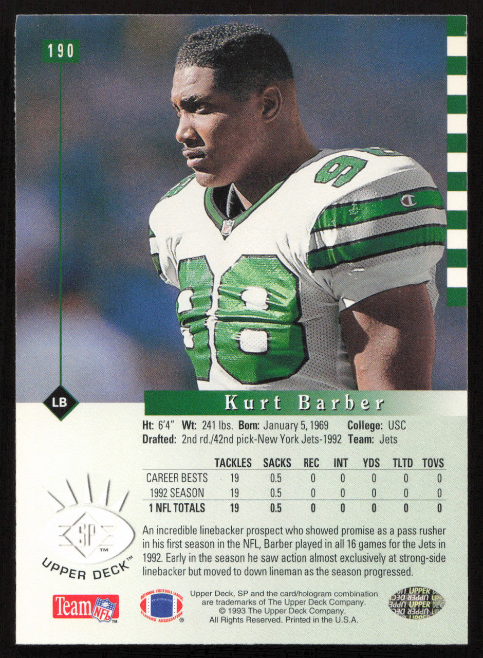 Kurt Barber Autographed 1993 Upper Deck SP Card #190 New York Jets SKU #260663