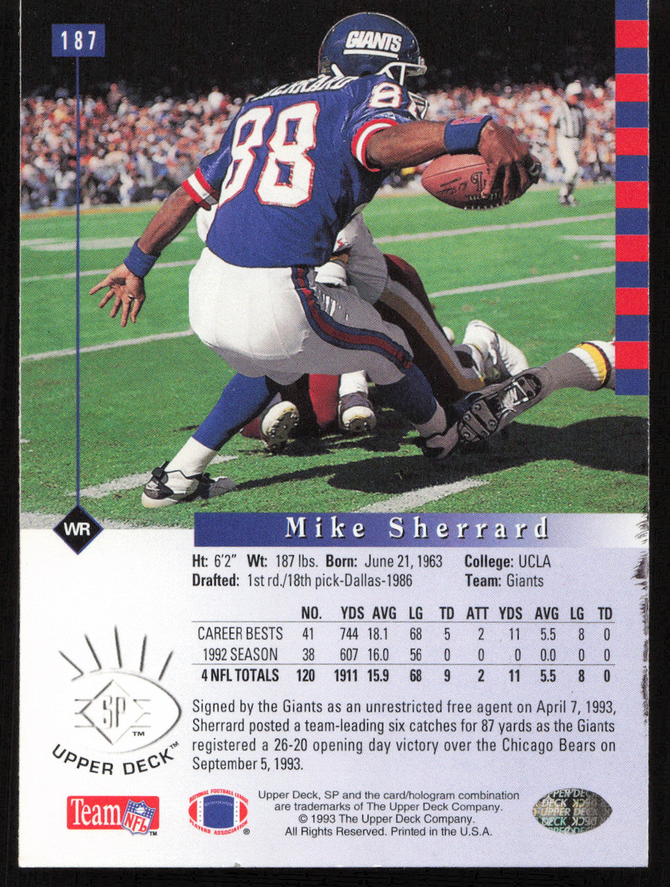Mike Sherrard Autographed 1993 Upper Deck SP Card #187 New York Giants SKU #260667