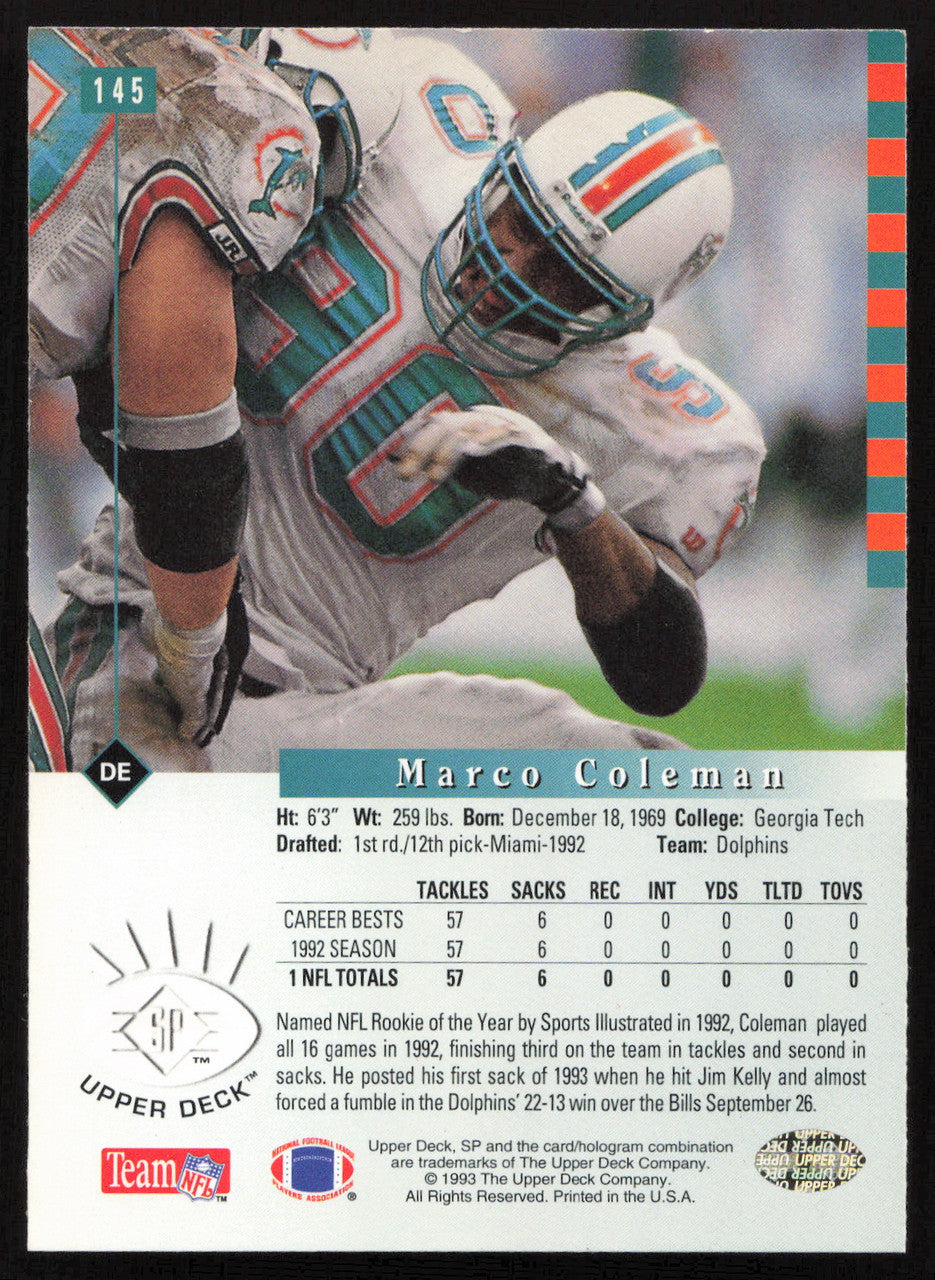 Marco Coleman Autographed 1993 Upper Deck SP Card #145 Miami Dolphins SKU #260668