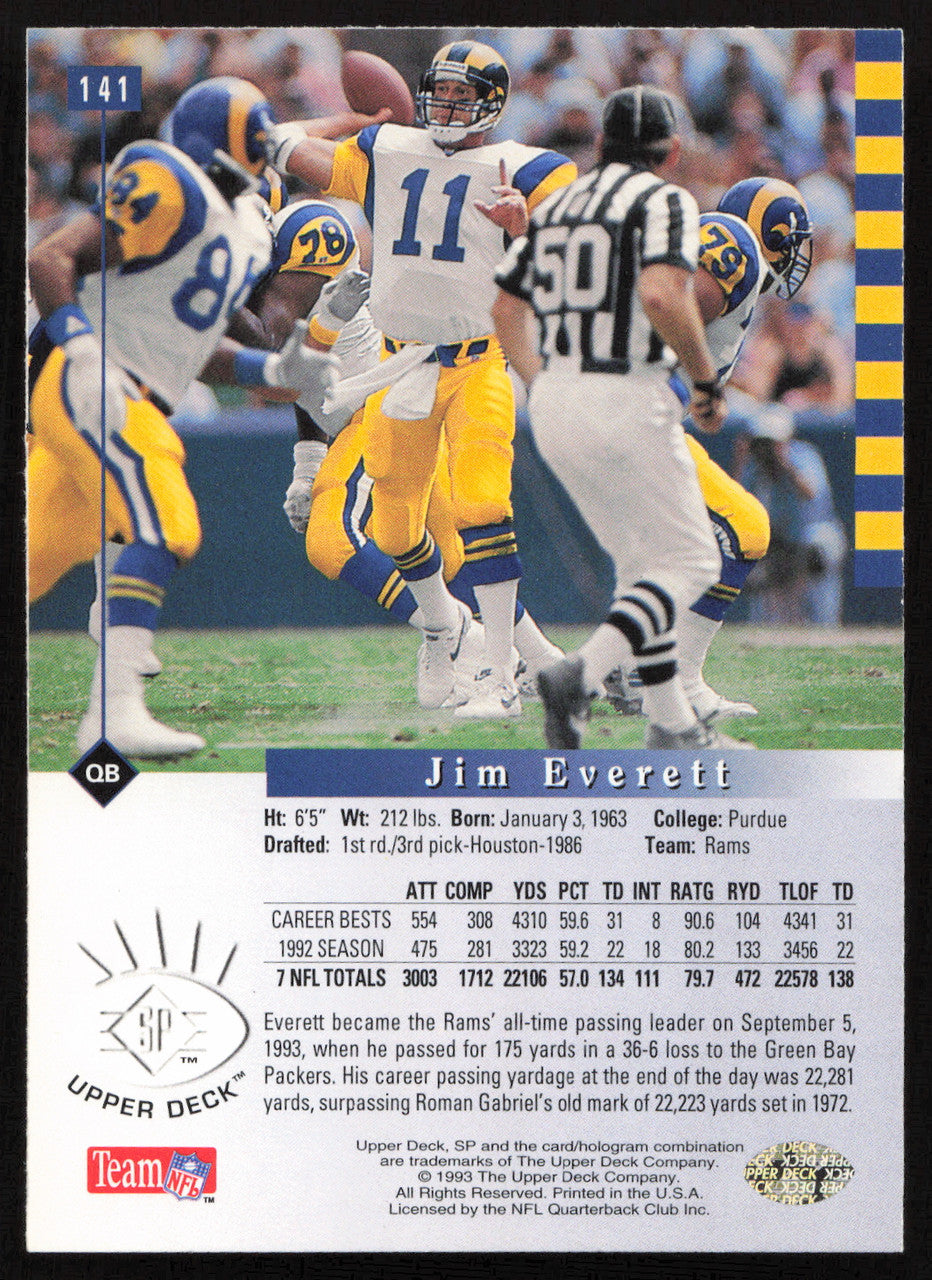 Jim Everett Autographed 1993 Upper Deck SP Card #141 Los Angeles Rams SKU #260670