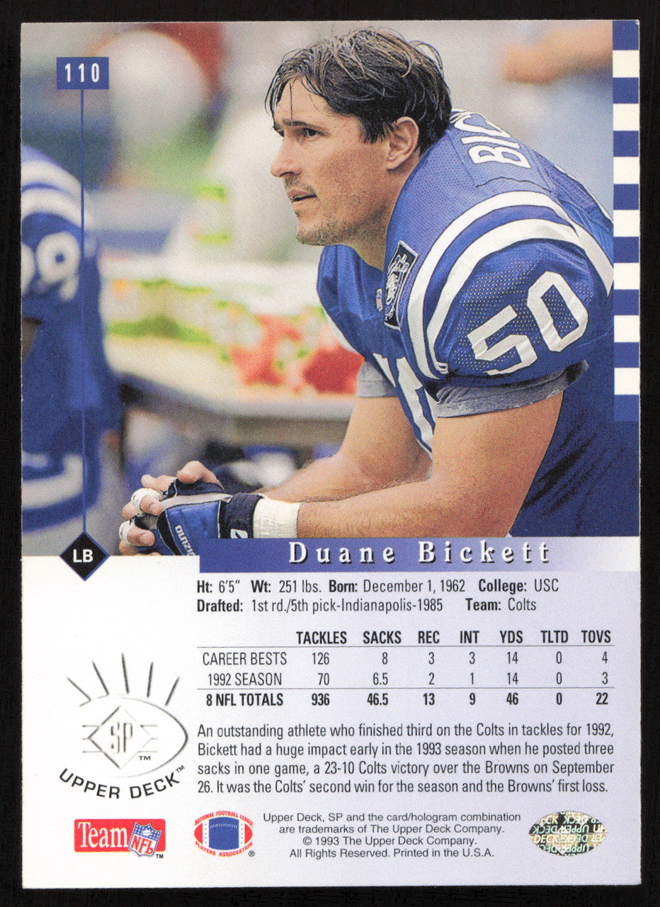 Duane Bickett Autographed 1993 Upper Deck SP Card #110 Indianapolis Colts SKU #260679