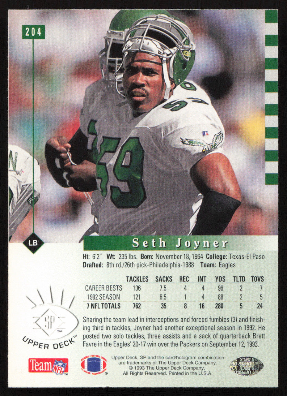 Seth Joyner Autographed 1993 Upper Deck SP Card #204 Philadelphia Eagles SKU #260693