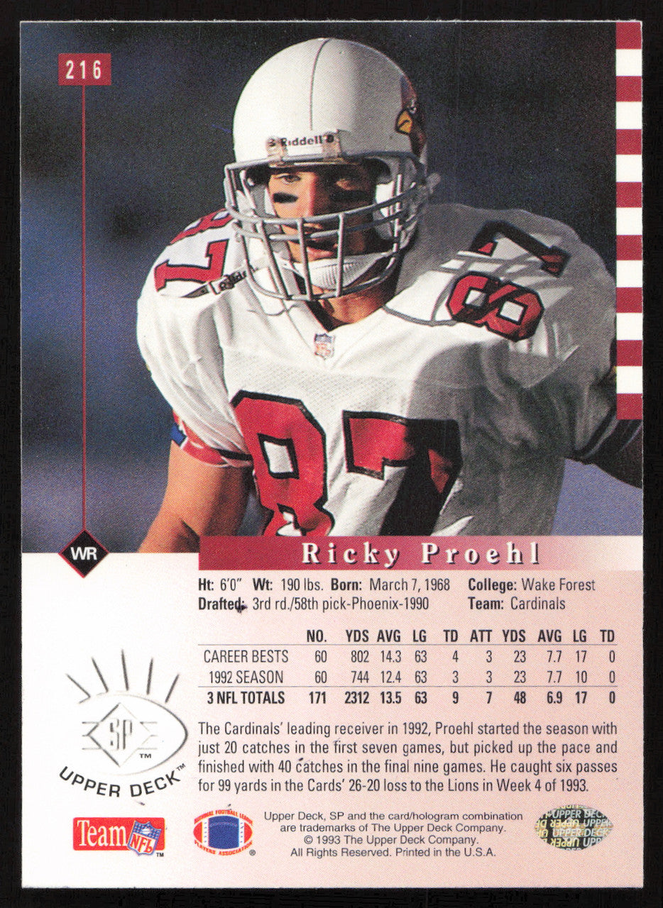 Ricky Proehl Autographed 1993 Upper Deck SP Card #216 Arizona Cardinals SKU #260694