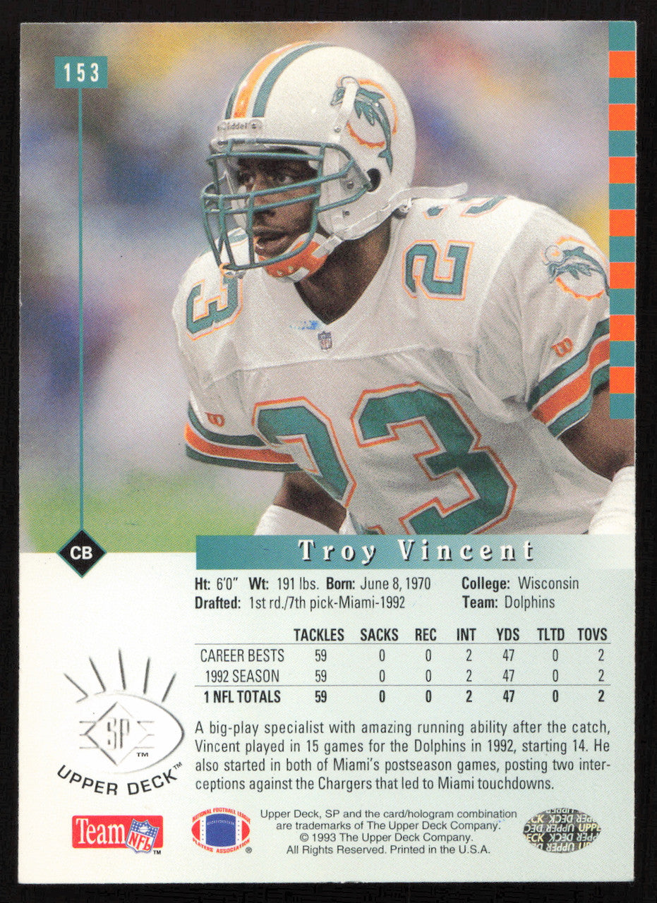 Troy Vincent Autographed 1993 Upper Deck SP Card #153 Miami Dolphins SKU #260699