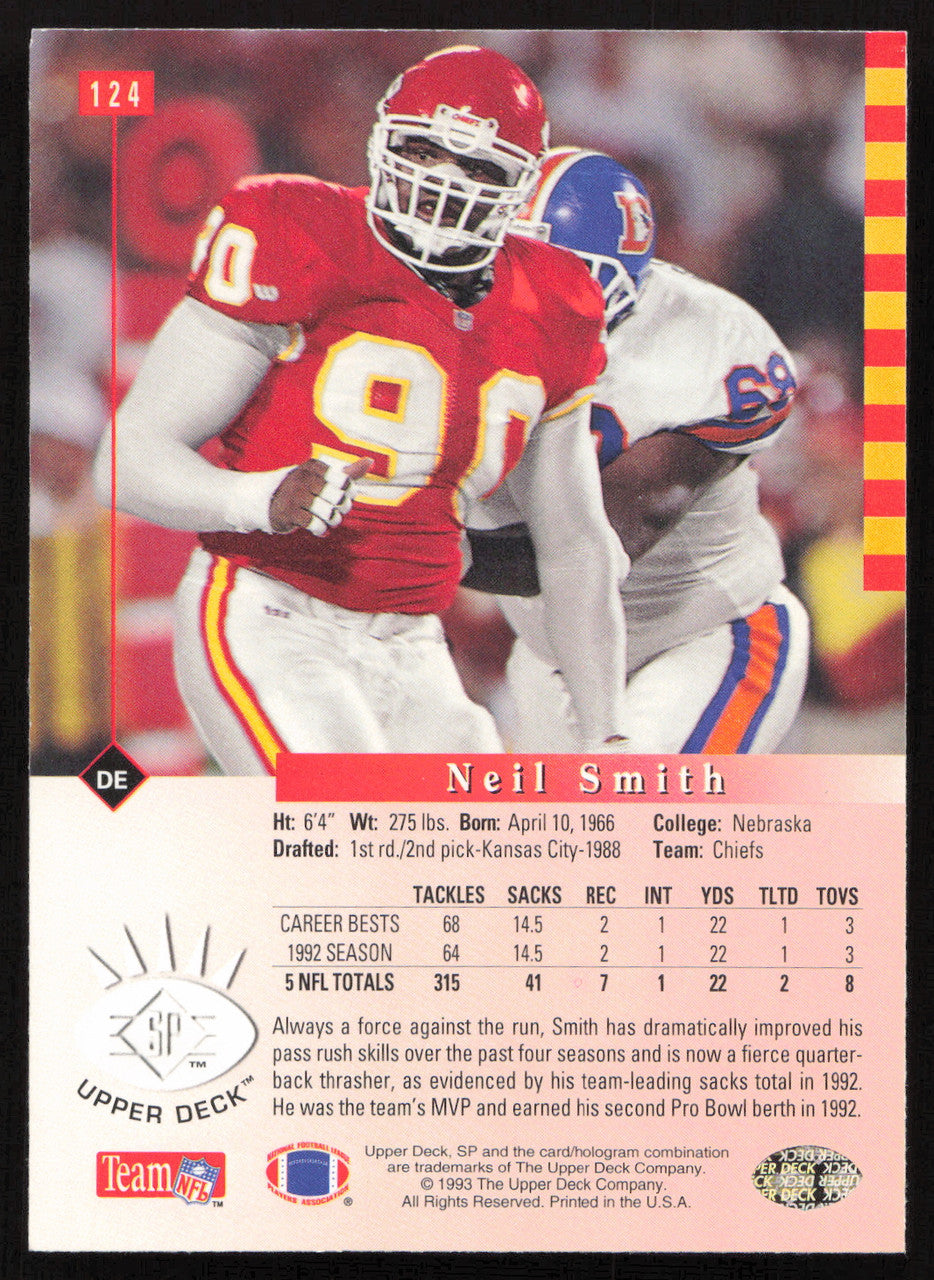 Neil Smith Autographed 1993 Upper Deck SP Card #124 Kansas City Chiefs SKU #260704