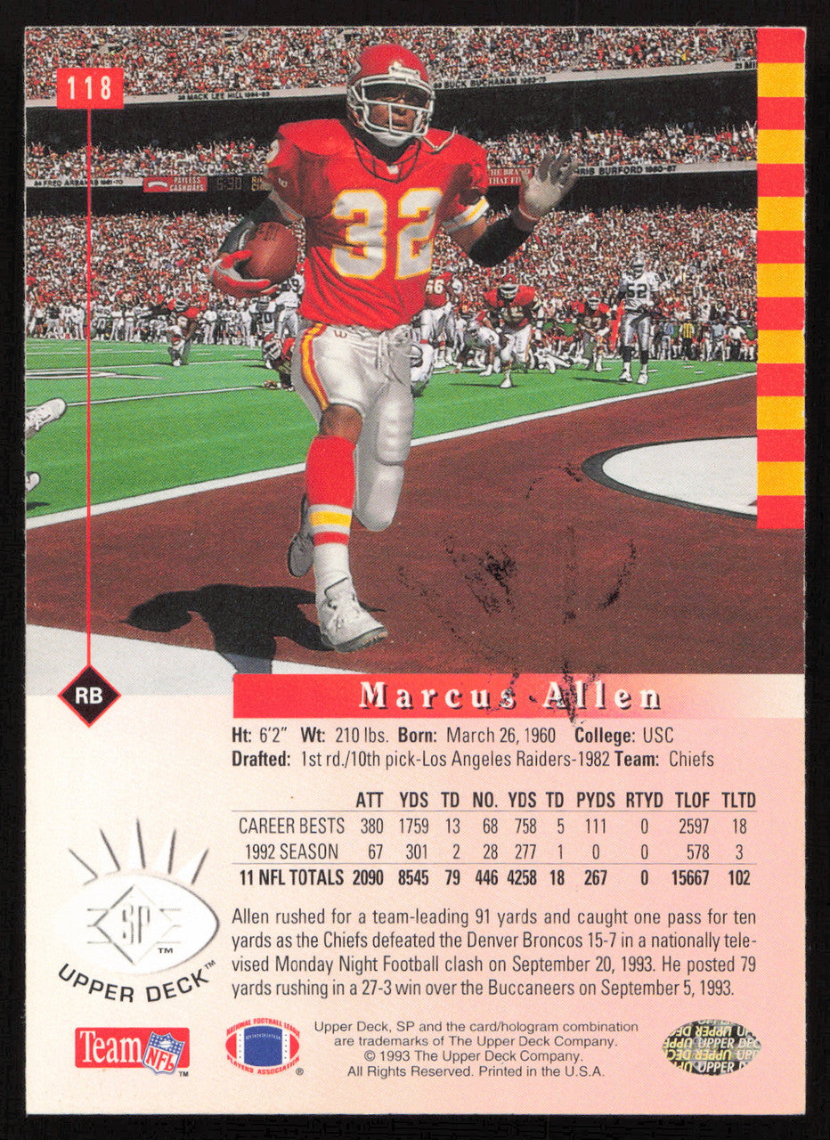 Marcus Allen Autographed 1993 Upper Deck SP Card #118 Kansas City Chiefs SKU #260705