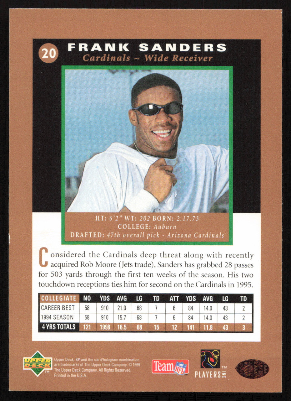 Frank Sanders Autographed 1995 Upper Deck SP Rookie Card #20 Arizona Cardinals SKU #260711
