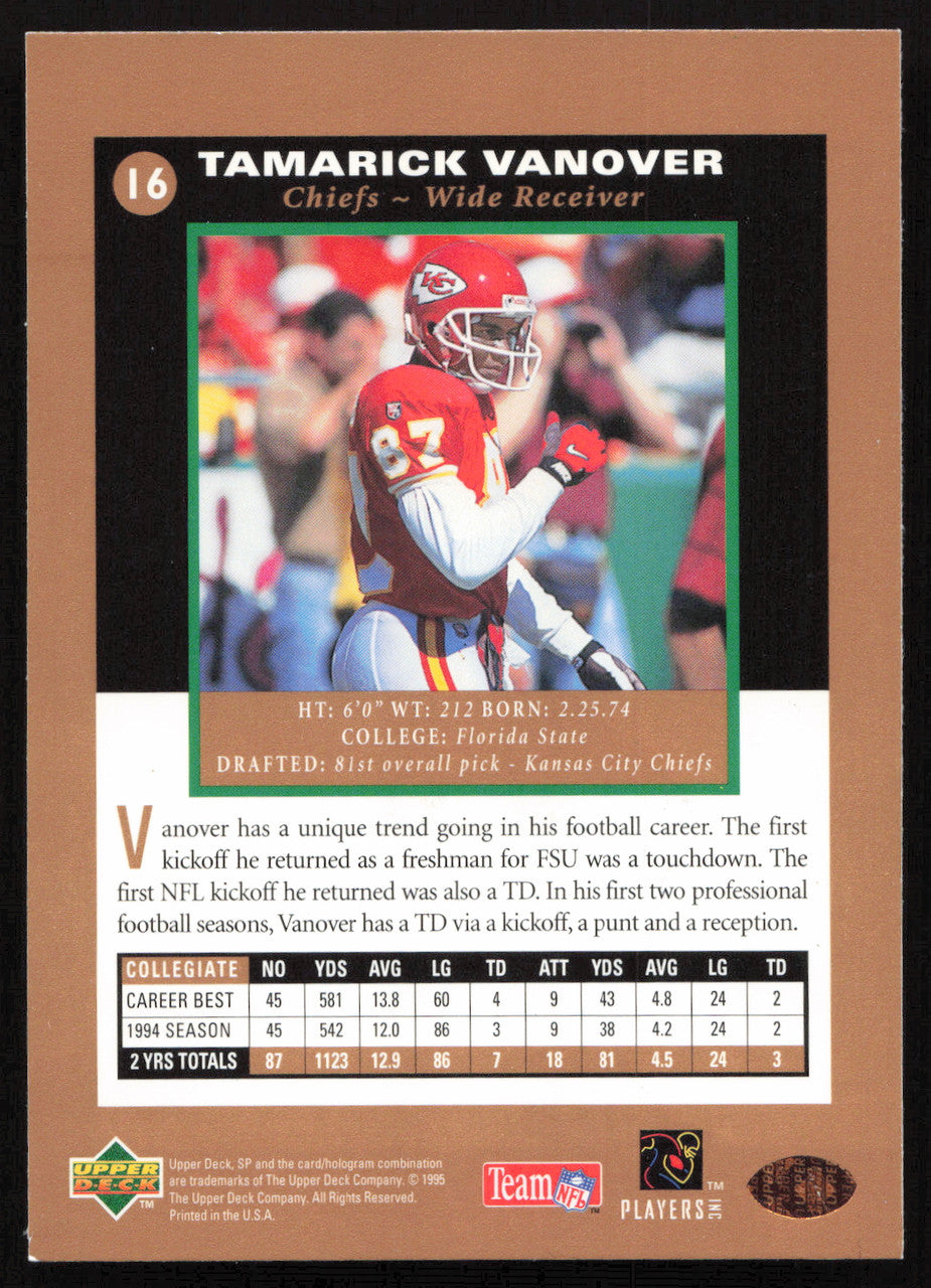 Tamarick Vanover Autographed 1995 Upper Deck SP Rookie Card #16 Kansas City Chiefs SKU #260712