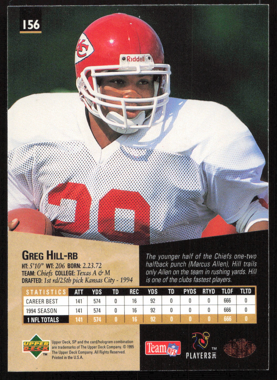Greg Hill Autographed 1995 Upper Deck SP Card #156 Kansas City Chiefs SKU #260715