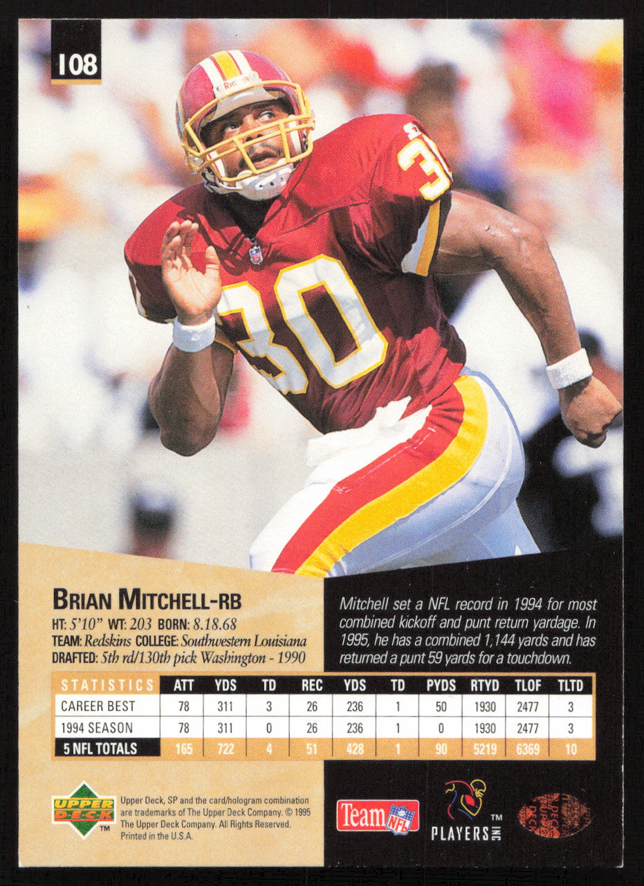 Brian Mitchell Autographed 1995 Upper Deck SP Card #108 Washington Redskins SKU #260726