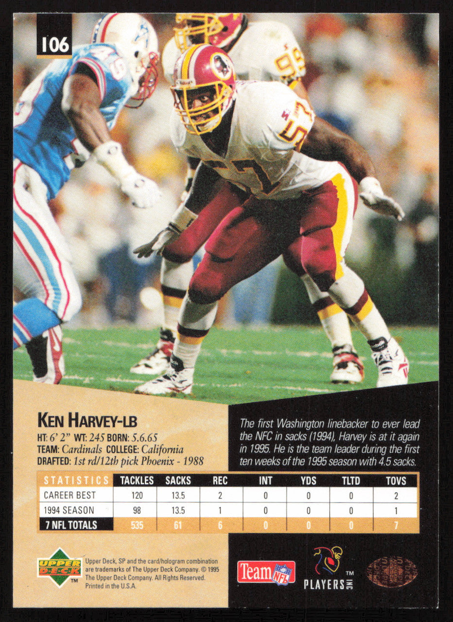 Ken Harvey Autographed 1995 Upper Deck SP Card #106 Washington Redskins SKU #260728