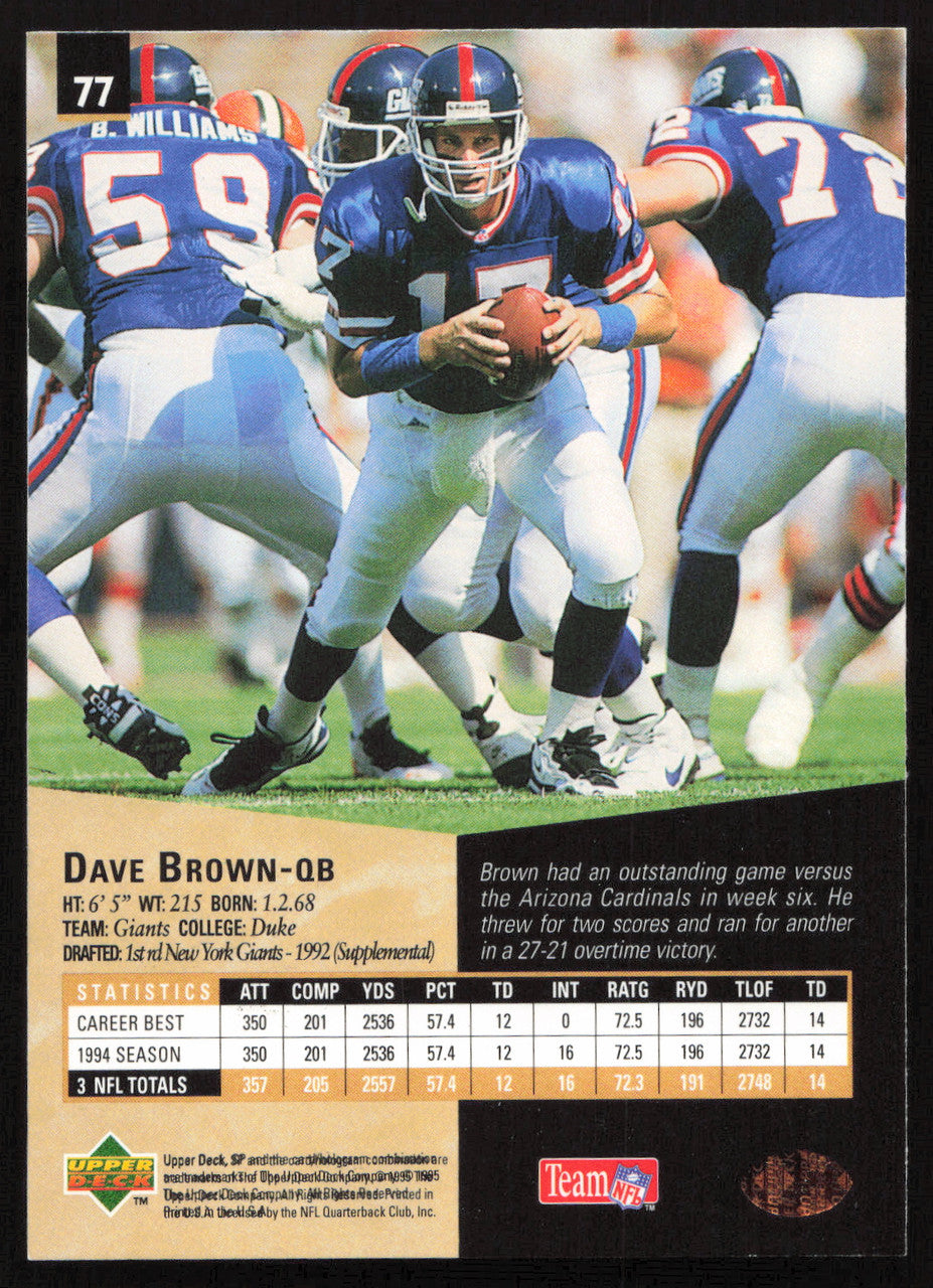 Dave Brown Autographed 1995 Upper Deck SP Card #77 New York Giants SKU #260748