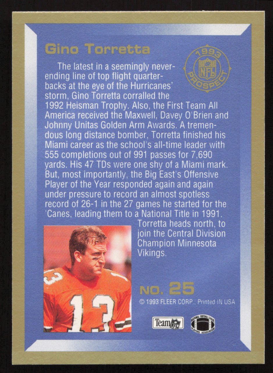 Gino Torretta Autographed 1993 Fleer Prospect Rookie Card #25 Minnesota Vikings SKU #260772