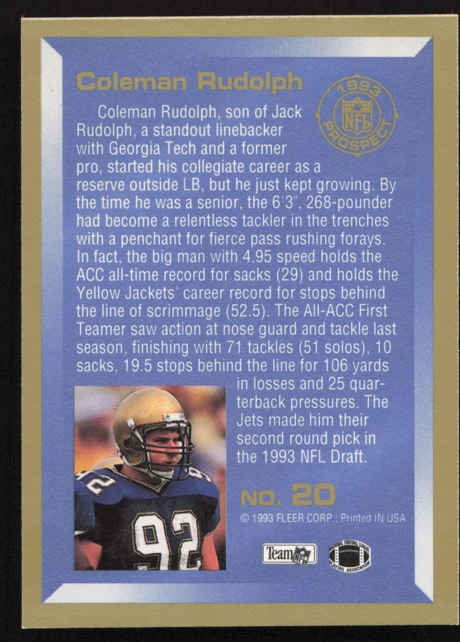 Coleman Rudolph Autographed 1993 Fleer Prospect Rookie Card #20 New York Jets SKU #260777