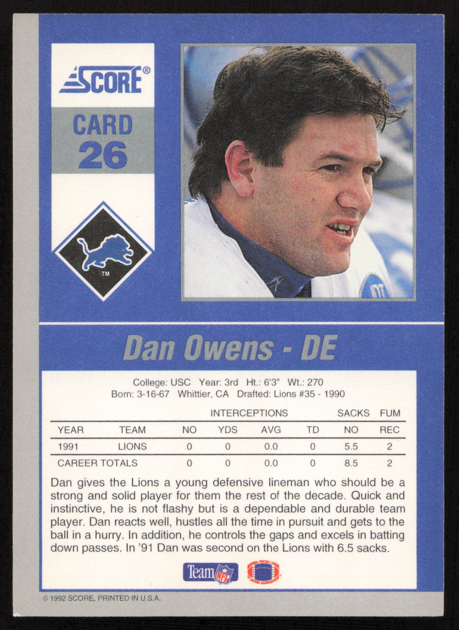Dan Owens Autographed 1992 Score '90s Gridiron Stars Card #26 Detroit Lions SKU #260789