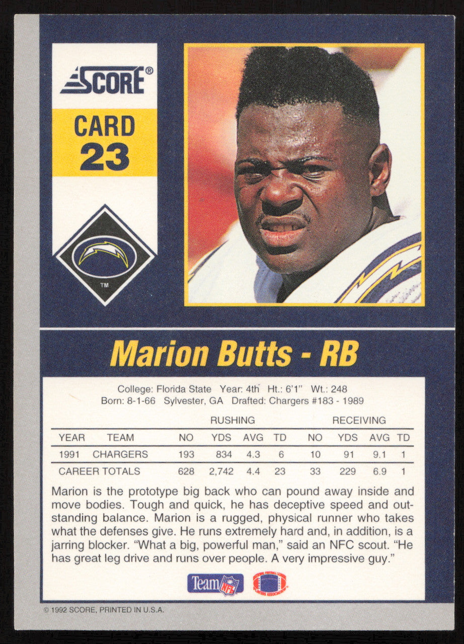 Marion Butts Autographed 1992 Score '90s Gridiron Stars Card #23 San Diego Chargers SKU #260790