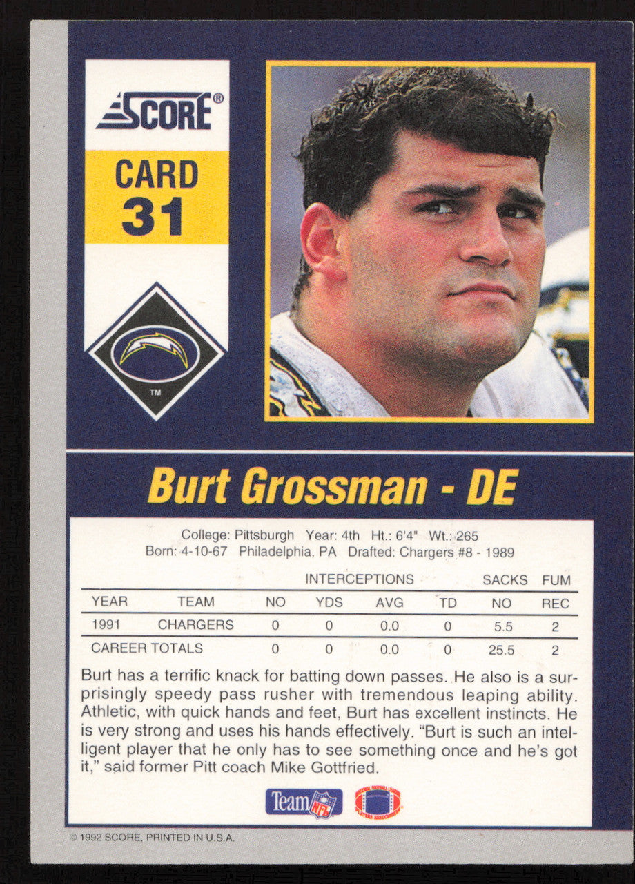 Burt Grossman Autographed 1992 Score '90s Gridiron Stars Card #31 San Diego Chargers SKU #260793