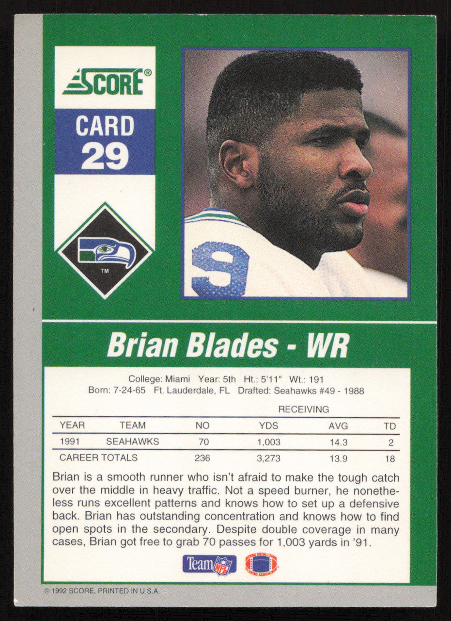Brian Blades Autographed 1992 Score '90s Gridiron Stars Card #29 Seattle Seahawks SKU #260794