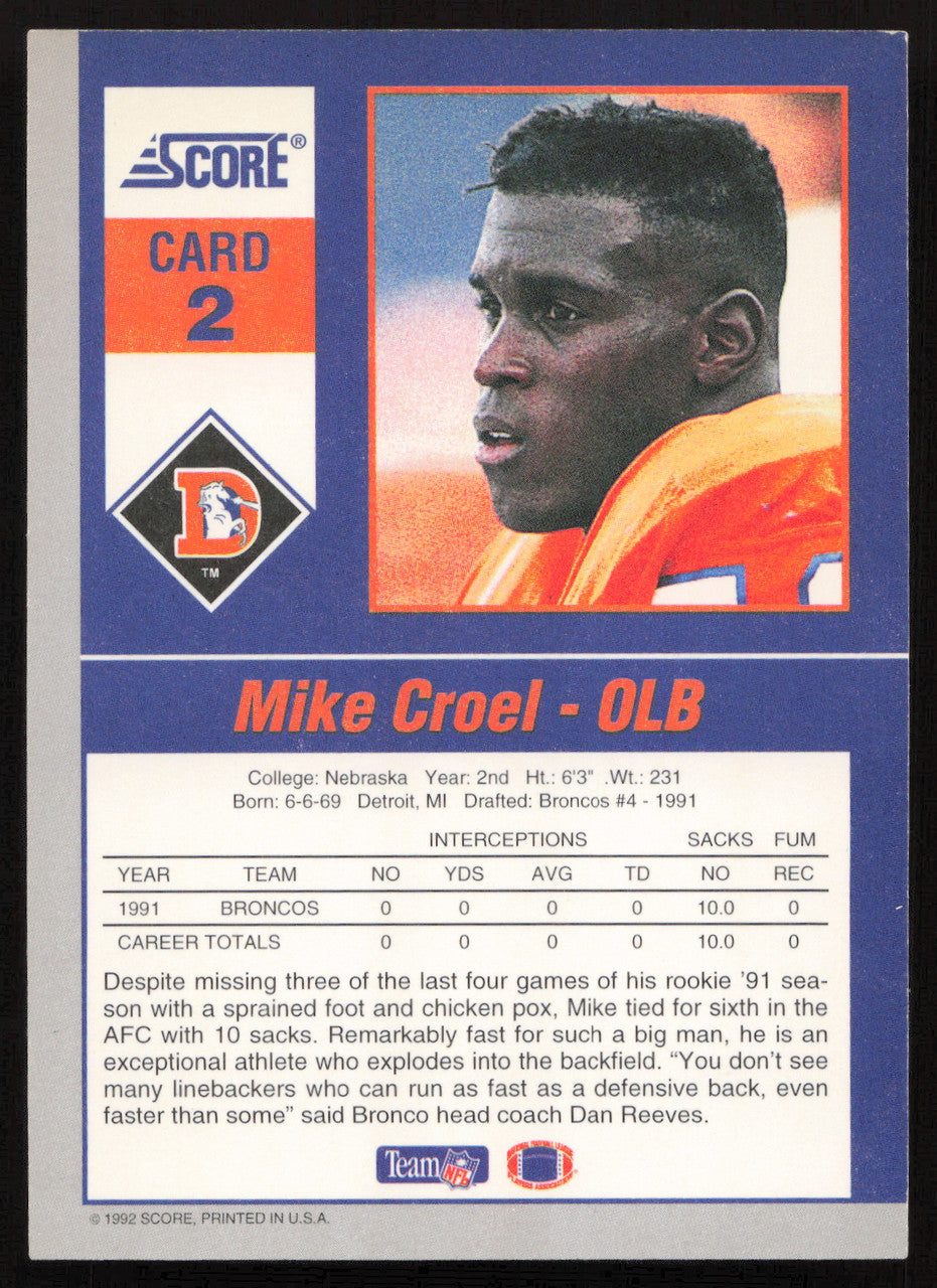 Mike Croel Autographed 1992 Score '90s Gridiron Stars Card #2 Denver Broncos SKU #260795