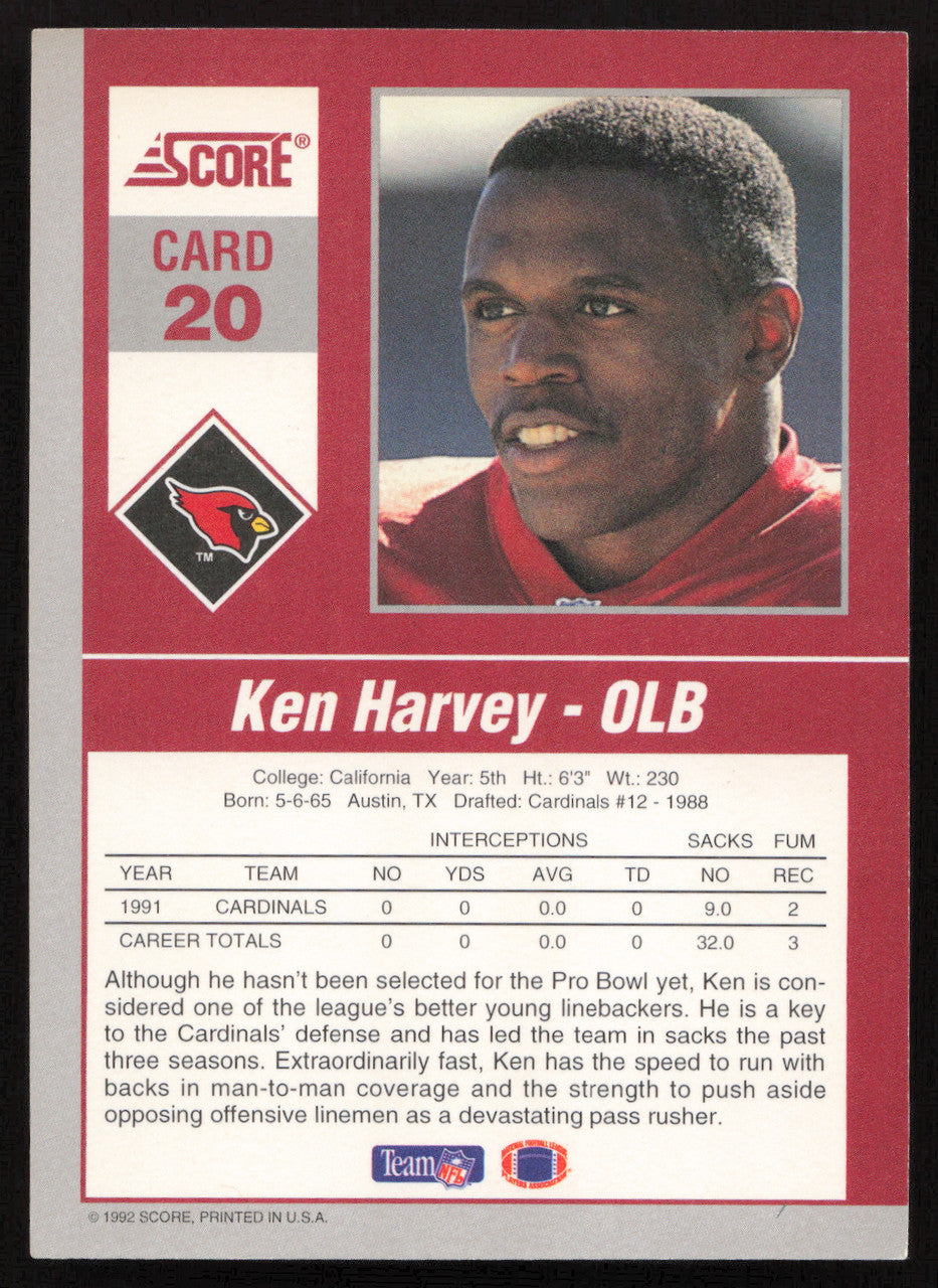 Ken Harvey Autographed 1992 Score '90s Gridiron Stars Card #20 Arizona Cardinals SKU #260799