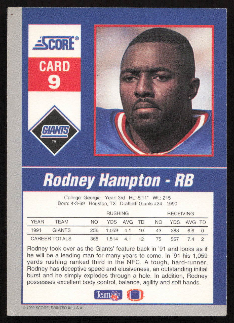 Rodney Hampton Autographed 1992 Score '90s Gridiron Stars Card #9 New York Giants SKU #260800
