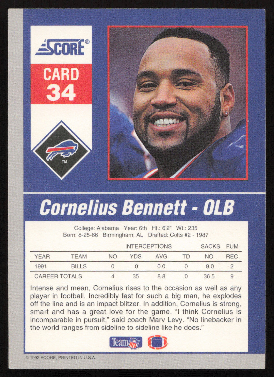 Cornelius Bennett Autographed 1992 Score '90s Gridiron Stars Card #34 Buffalo Bills SKU #260801