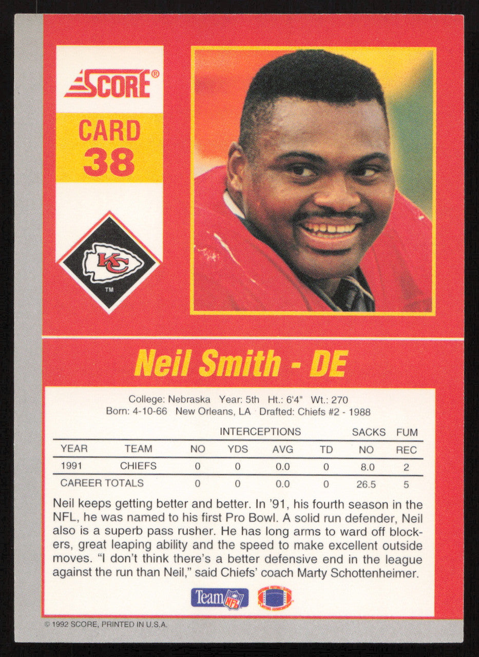Neil Smith Autographed 1992 Score '90s Gridiron Stars Card #38 Kansas City Chiefs SKU #260805