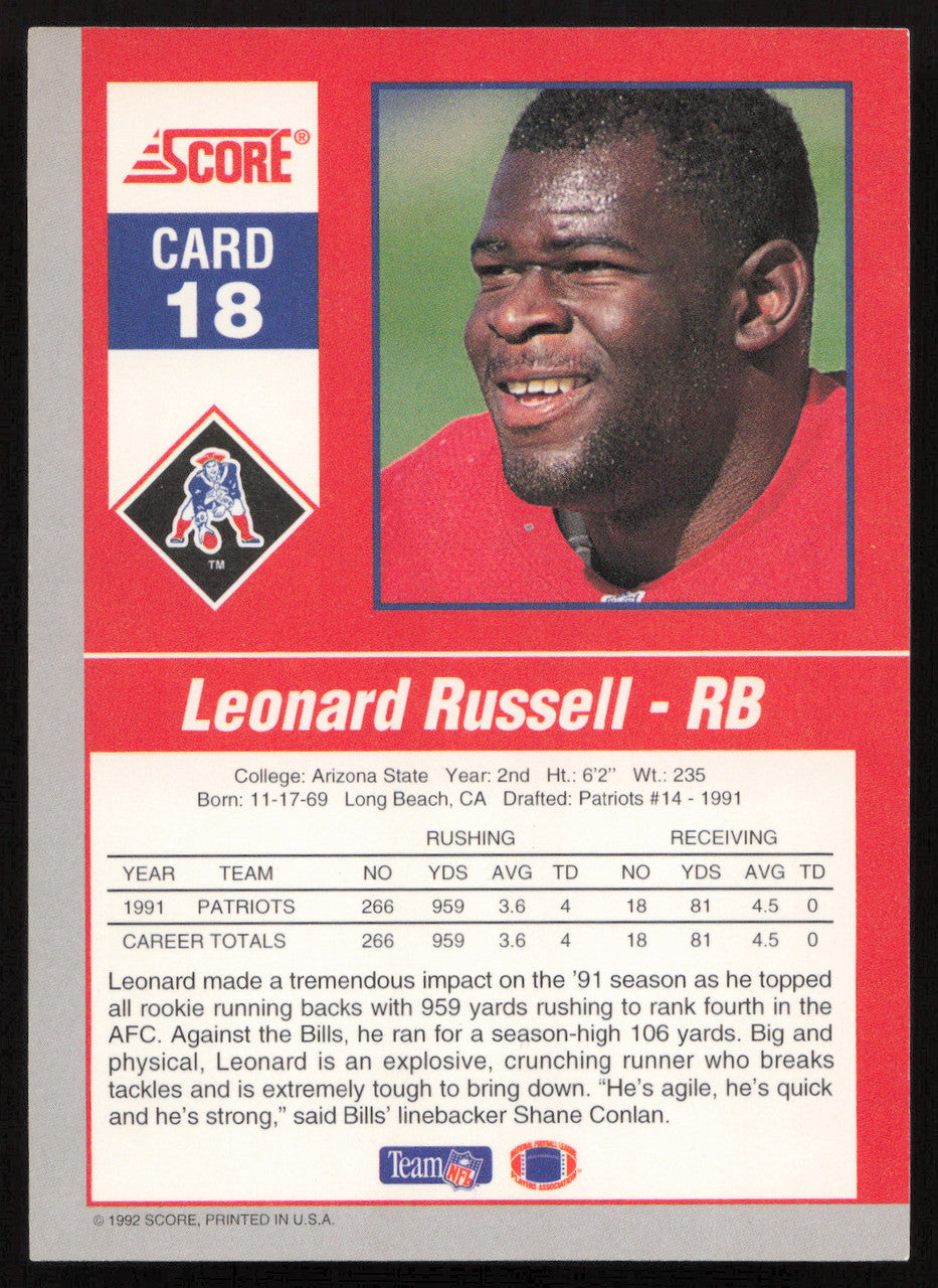 Leonard Russell Autographed 1992 Score '90s Gridiron Stars Card #18 New England Patriots SKU #260807