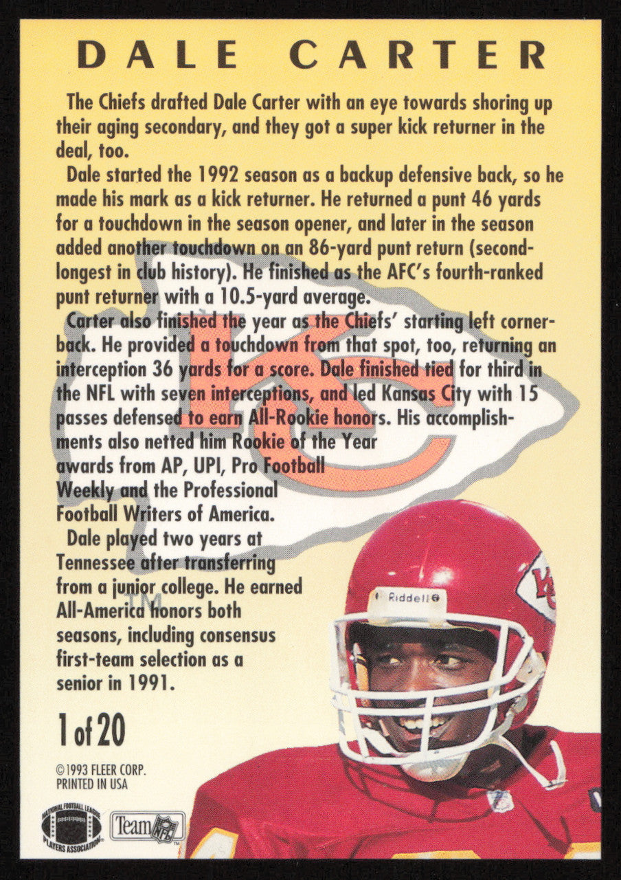 Dale Carter Autographed 1993 Fleer Rookie Sensations Card #1 Kansas City Chiefs SKU #260819