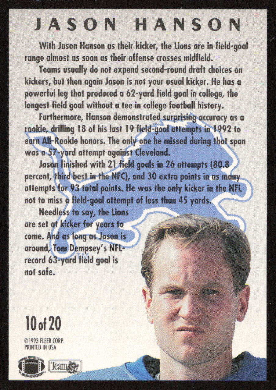 Jason Hanson Autographed 1993 Fleer Rookie Sensations Card #10 Detroit Lions SKU #260820