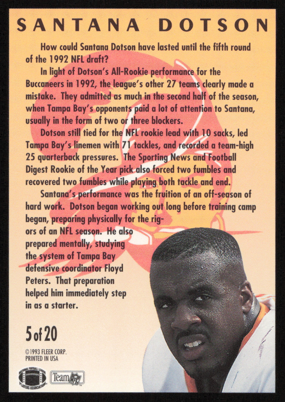 Santana Dotson Autographed 1993 Fleer Rookie Sensations Card #5 Tampa Bay Buccaneers SKU #260822