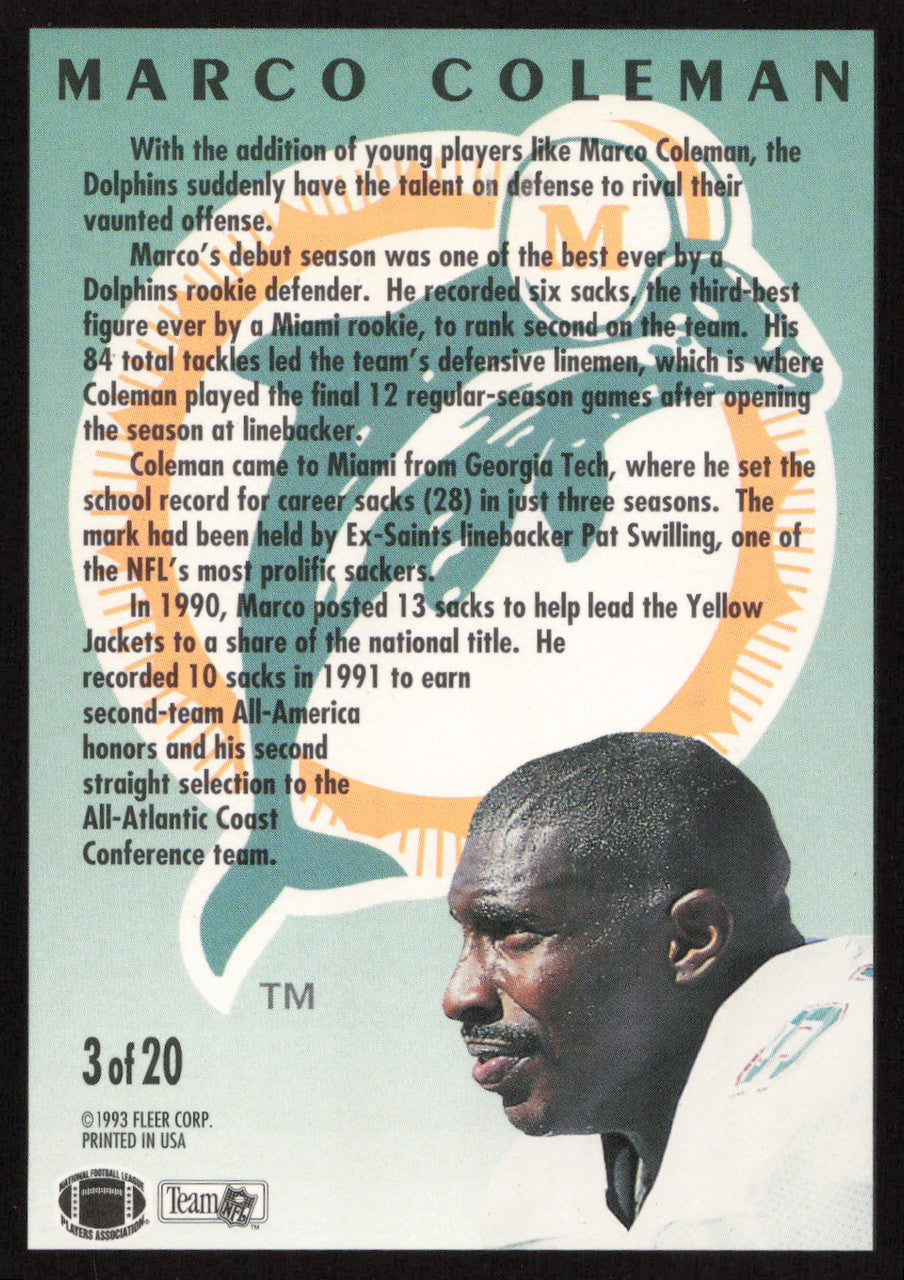 Marco Coleman Autographed 1993 Fleer Rookie Sensations Card #3 Miami Dolphins SKU #260824