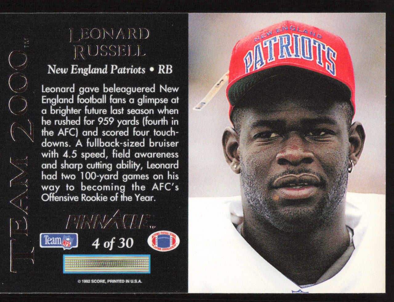 Leonard Russell Autographed 1992 Pinnacle Team 2000 Card #4 New England Patriots SKU #260835