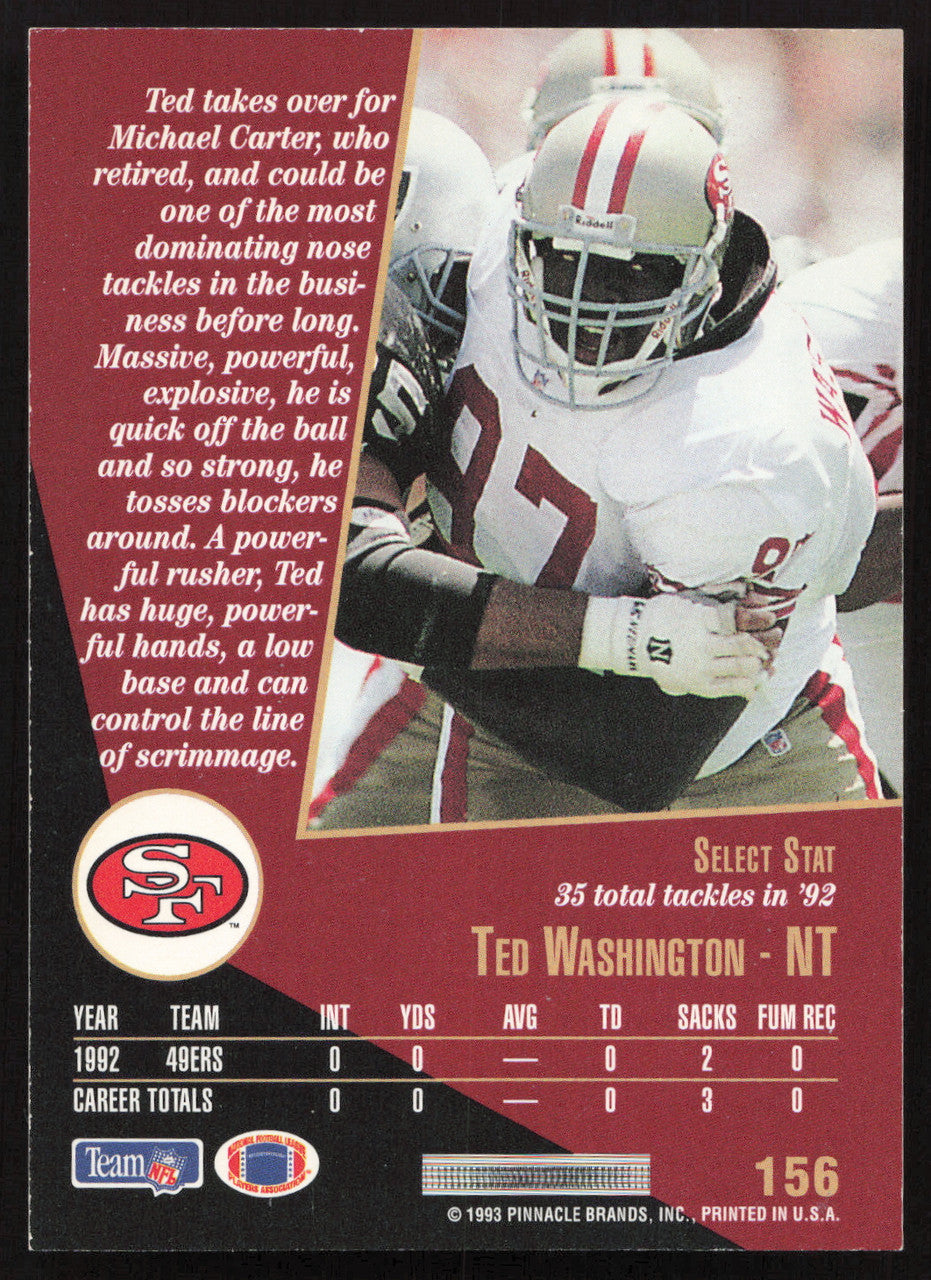 Ted Washington Autographed 1993 Score Select Card #156 San Francisco 49ers SKU #260859