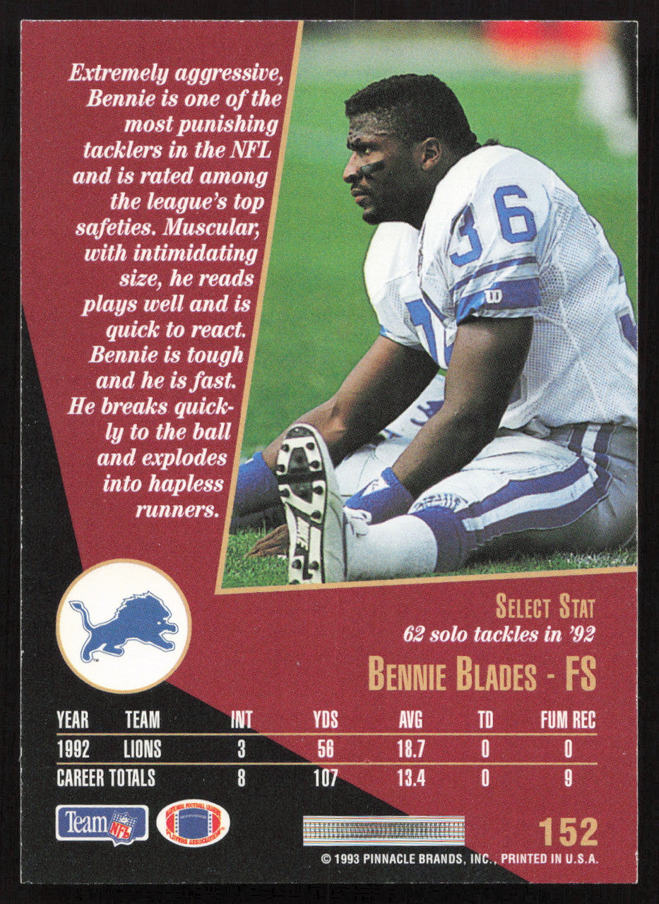 Bennie Blades Autographed 1993 Score Select Card #152 Detroit Lions SKU #260860