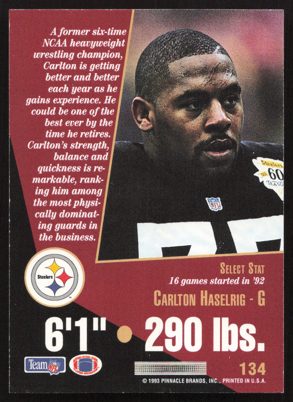 Carlton Haselrig Autographed 1993 Score Select Rookie Card #134 Pittsburgh Steelers SKU #260869