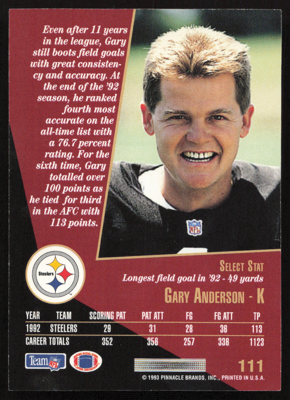 Gary Anderson Autographed 1993 Score Select Card #111 Pittsburgh Steelers SKU #260880