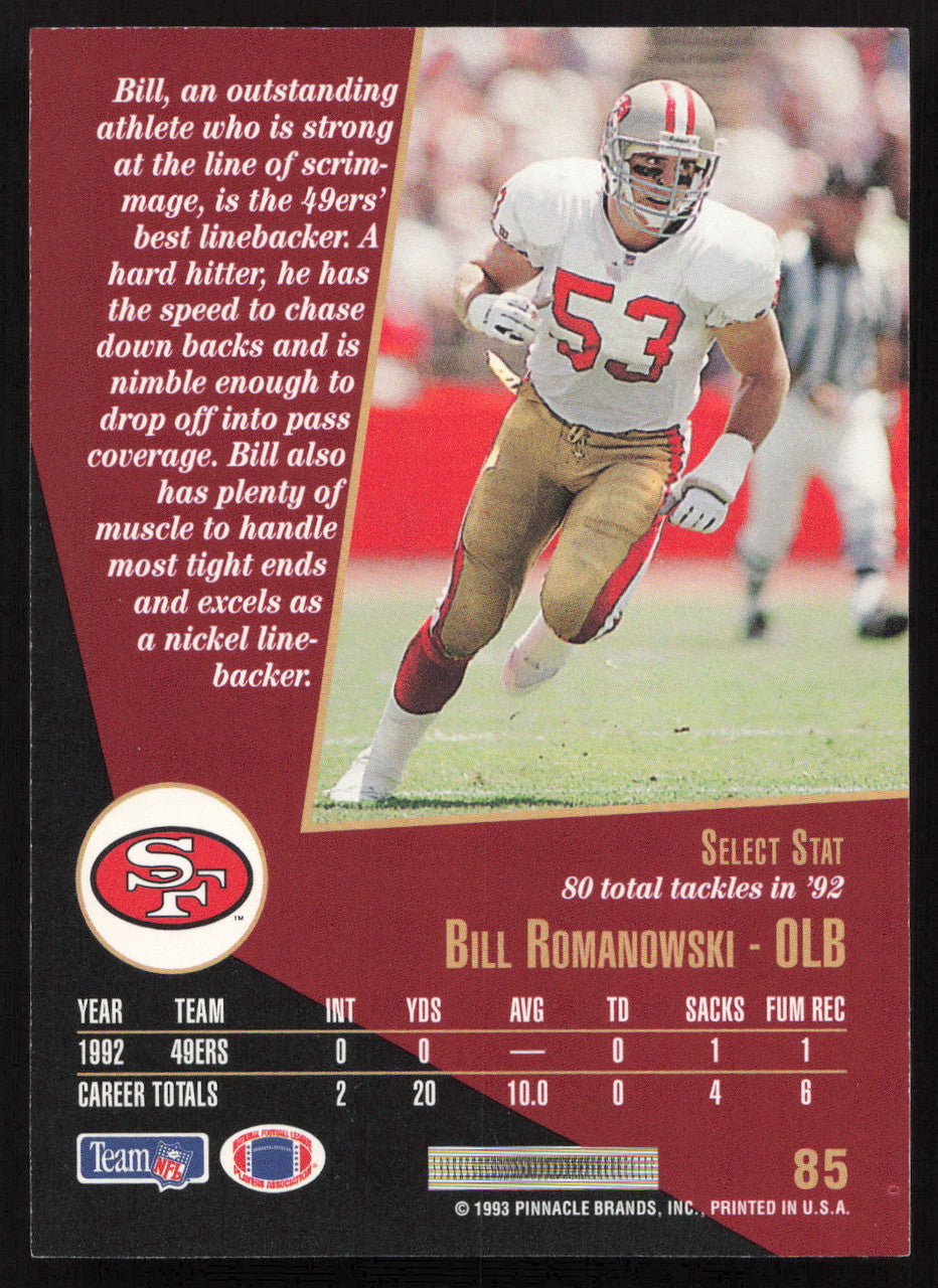 Bill Romanowski Autographed 1993 Score Select Card #85 San Francisco 49ers SKU #260888