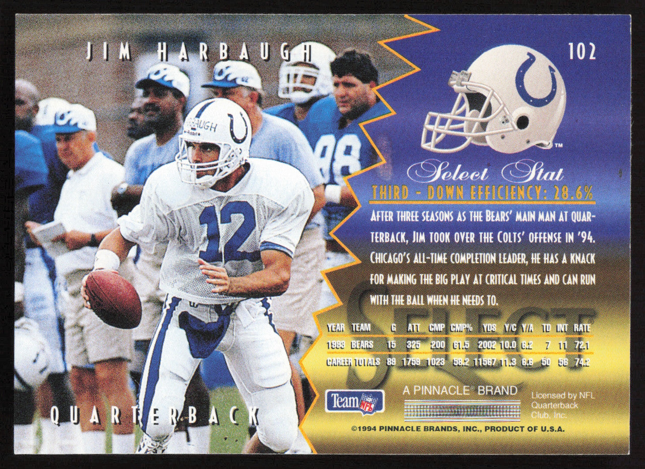 Jim Harbaugh Autographed 1994 Score Select Card #102 Indianapolis Colts SKU #260933