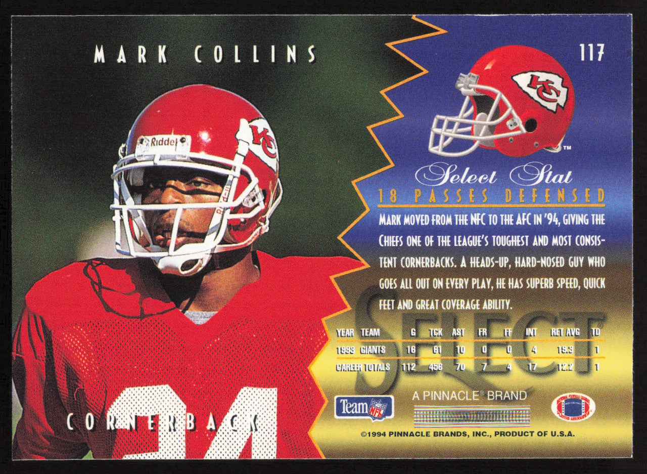 Mark Collins Autographed 1994 Score Select Card #117 Kansas City Chiefs SKU #260935