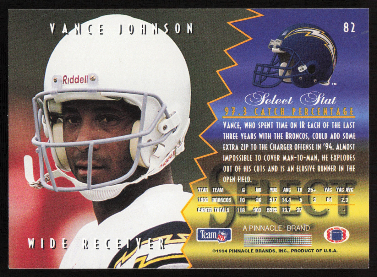 Vance Johnson Autographed 1994 Score Select Card #82 San Diego Chargers SKU #260949