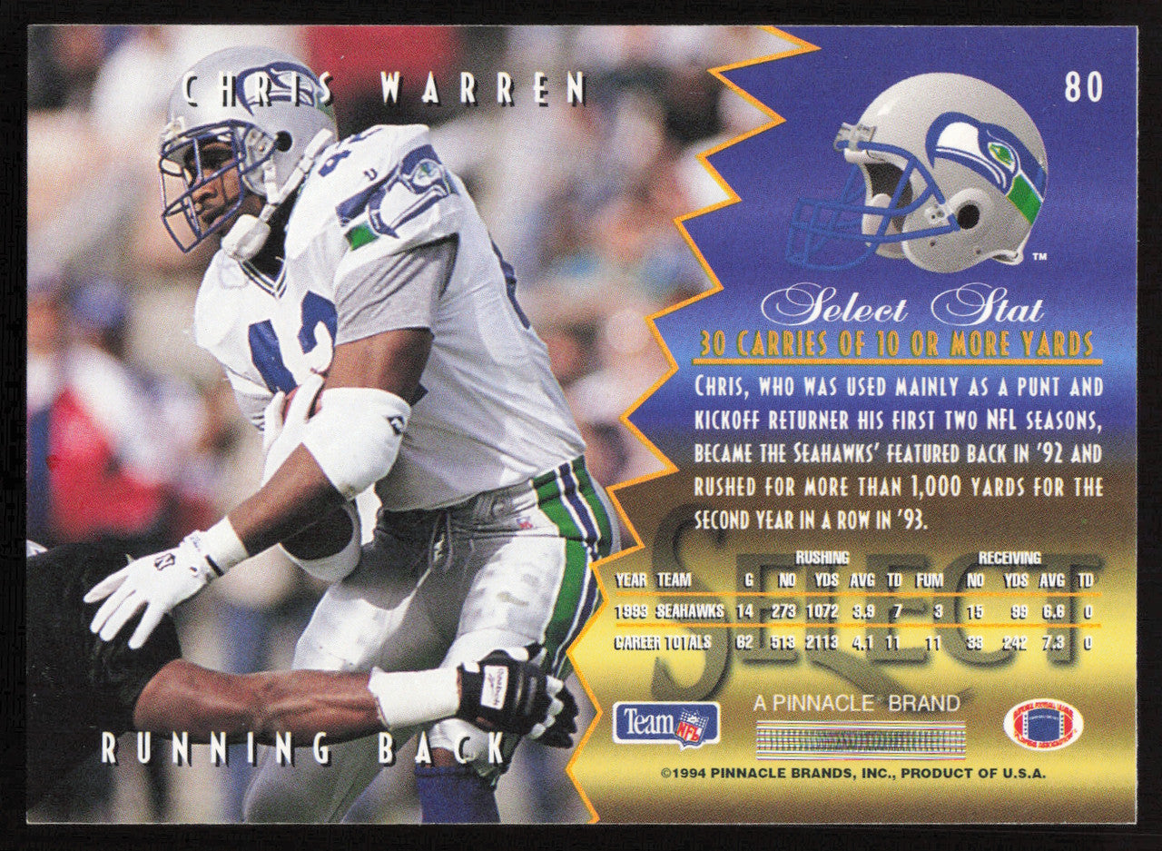 Chris Warren Autographed 1994 Score Select Card #80 Seattle Seahawks SKU #260950