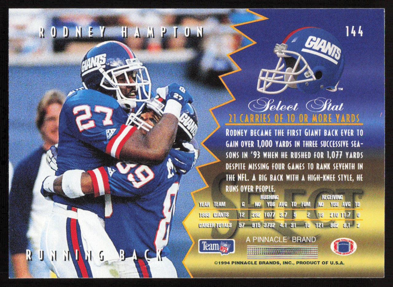 Rodney Hampton Autographed 1994 Score Select Card #144 New York Giants SKU #260951
