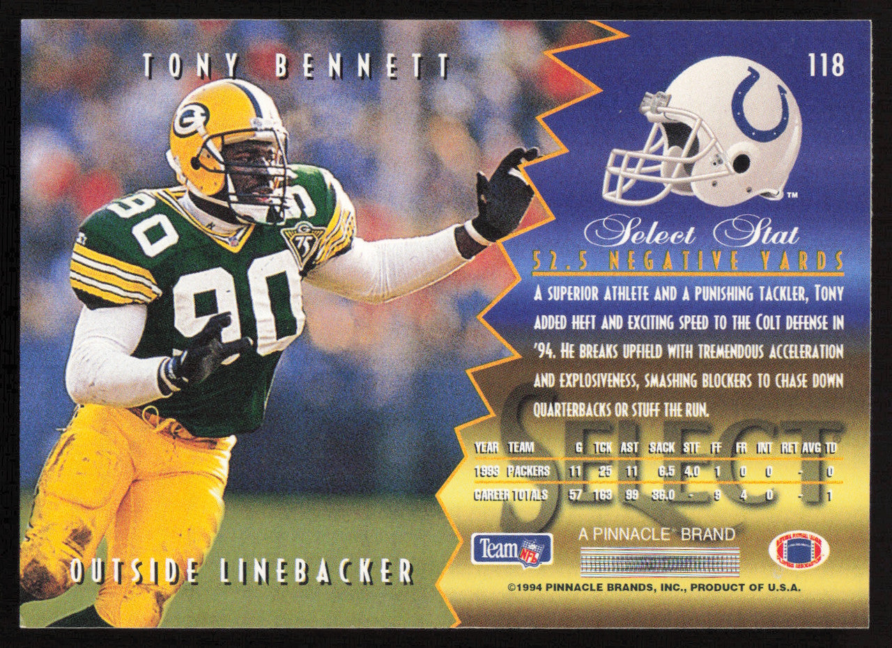 Tony Bennett Autographed 1994 Score Select Card #118 Green Bay Packers SKU #260952