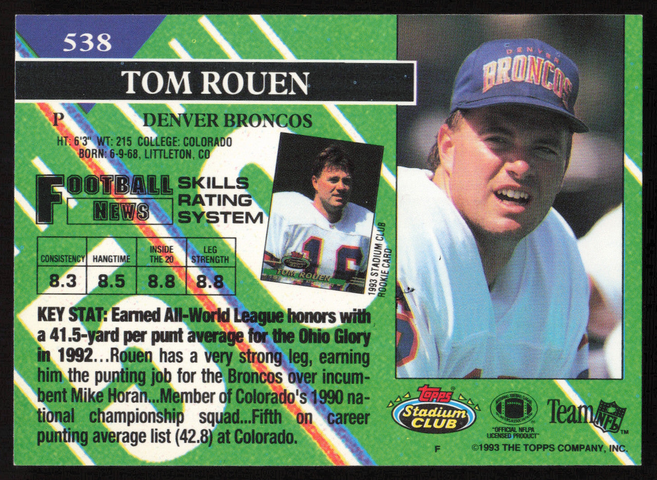 Tom Rouen Autographed 1993 Stadium Club Rookie Card #538 Denver Broncos SKU #260959