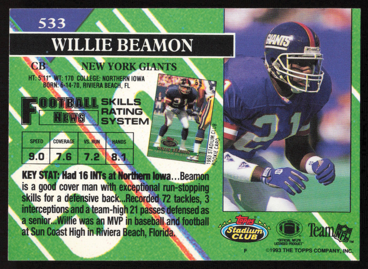 Willie Beamon Autographed 1993 Stadium Club Card #533 New York Giants SKU #260962