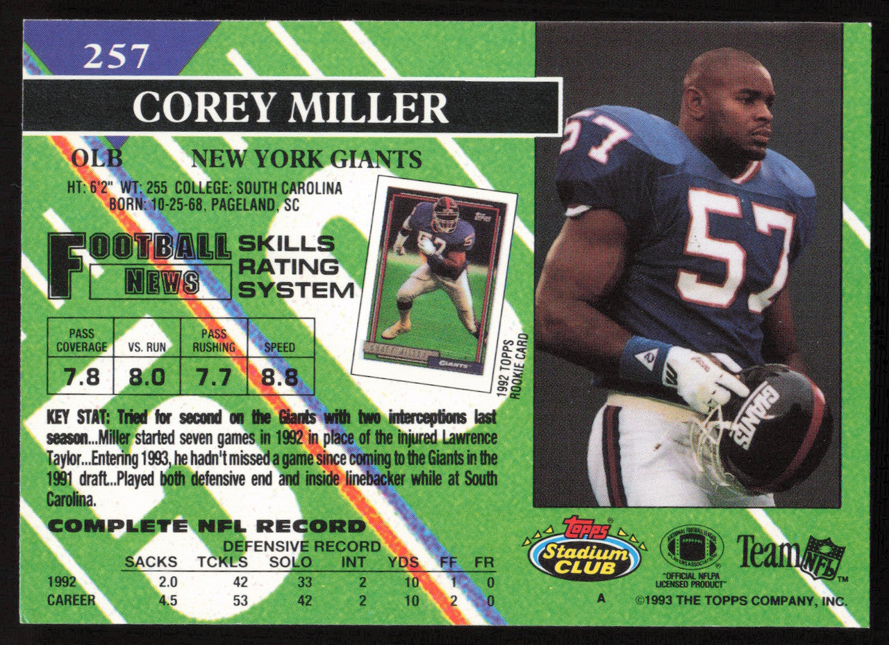 Corey Miller Autographed 1993 Stadium Club Card #257 New York Giants SKU #260969